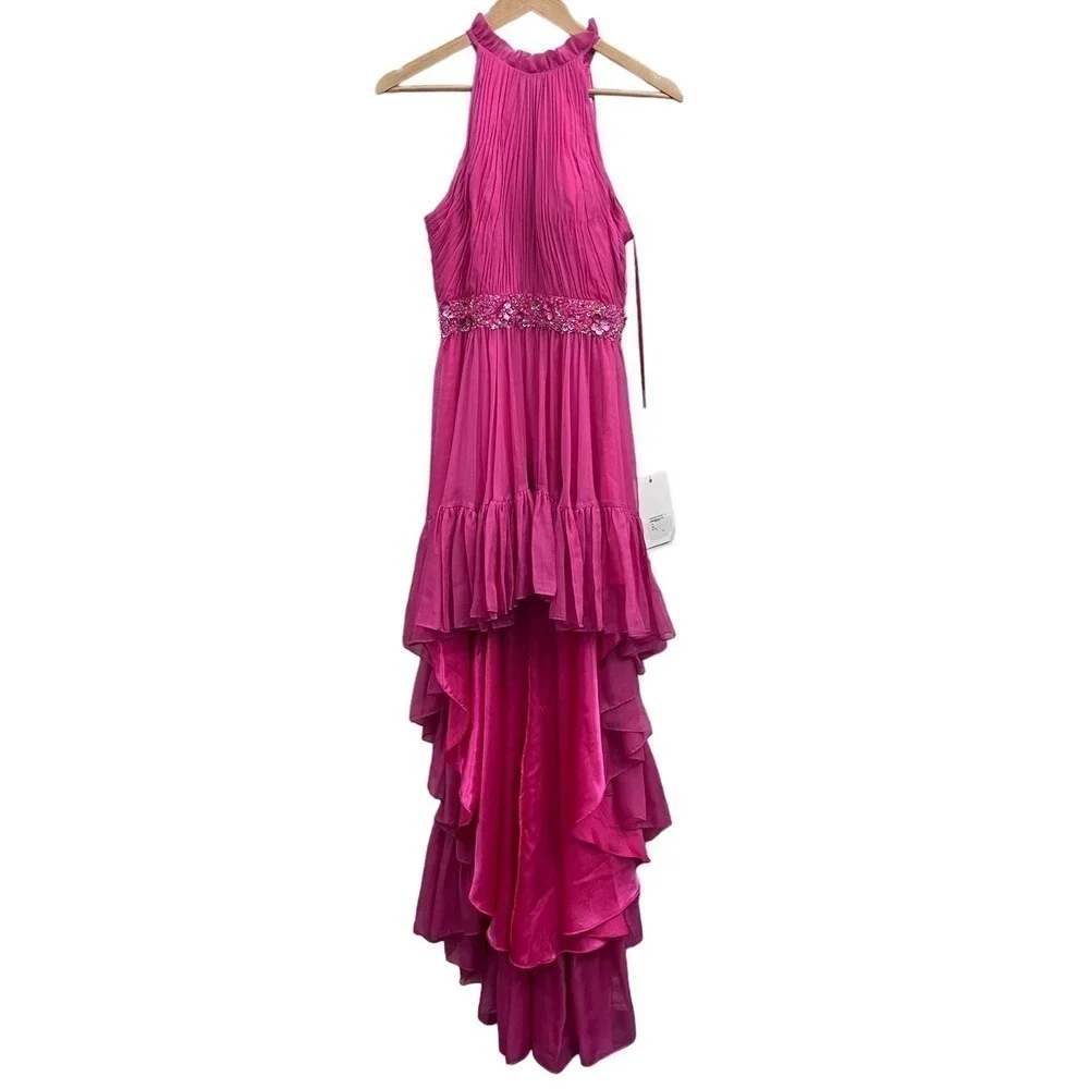 NEW $498 MAC DUGGAL 68029 PINK HALTER NECK HIGH LOW FLOWY CHIFFON GOWN  Size 2